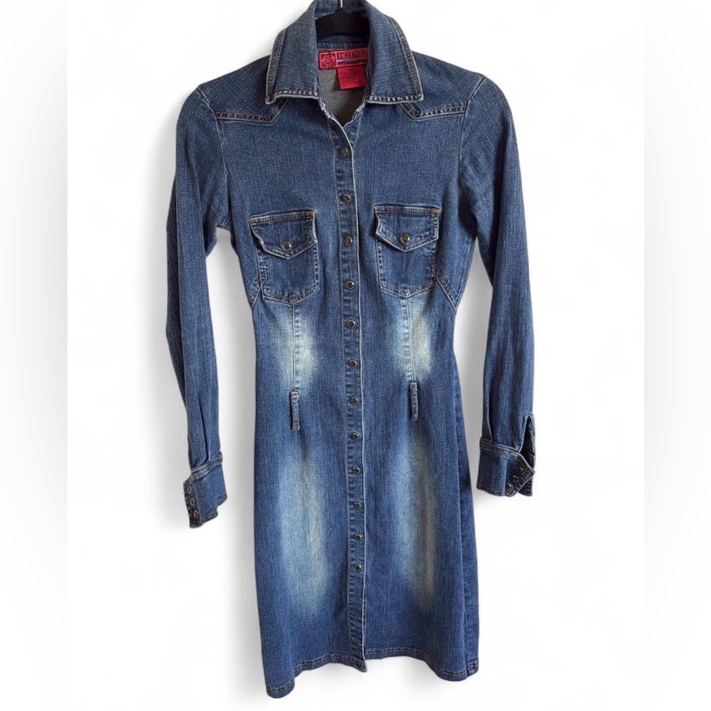 Hot Kiss Dark Blue Faded Denim Midi Shirt Dress